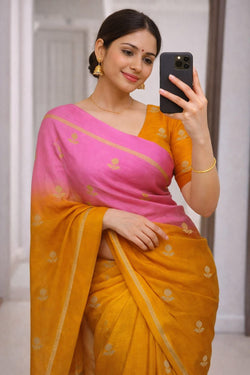 Excellent Pink and Yellow Banarasi Khadi Silk Saree With Zephyr Blouse Piece