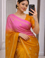 Excellent Pink and Yellow Banarasi Khadi Silk Saree With Zephyr Blouse Piece