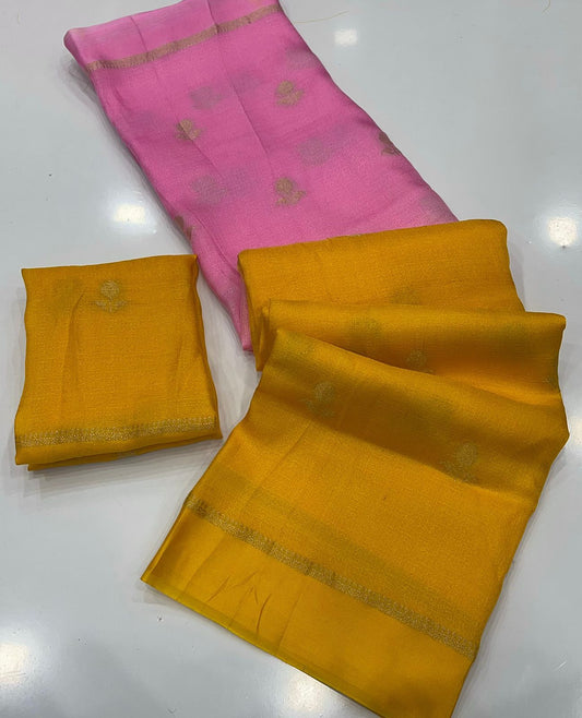 Excellent Pink and Yellow Banarasi Khadi Silk Saree With Zephyr Blouse Piece