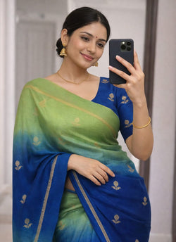 Sempiternal Pista and Blue Banarasi Khadi Silk Saree With Elaborate Blouse Piece
