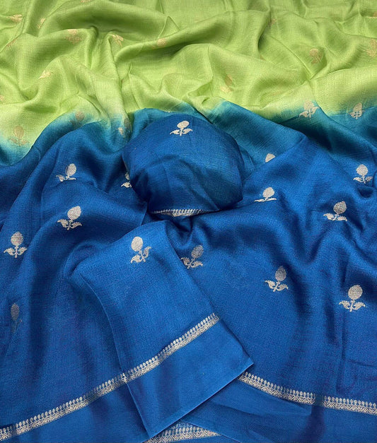 Sempiternal Pista and Blue Banarasi Khadi Silk Saree With Elaborate Blouse Piece