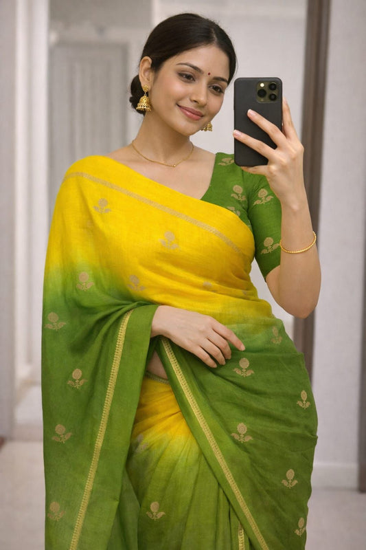 Diaphanous Yellow and Green Banarasi Khadi Silk Saree With Whimsical Blouse Piece