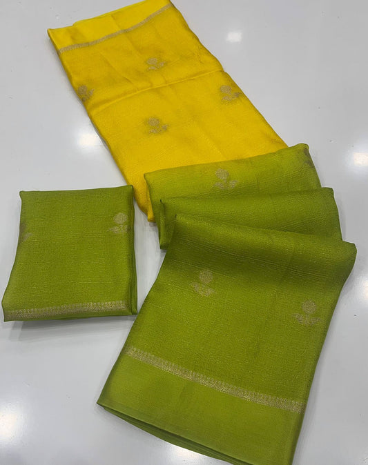 Diaphanous Yellow and Green Banarasi Khadi Silk Saree With Whimsical Blouse Piece