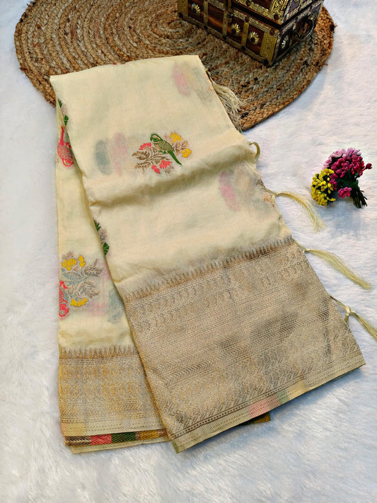 Refreshing Beige Banarasi Dola Silk Saree With Breathtaking Blouse Piece