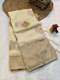 Refreshing Beige Banarasi Dola Silk Saree With Breathtaking Blouse Piece