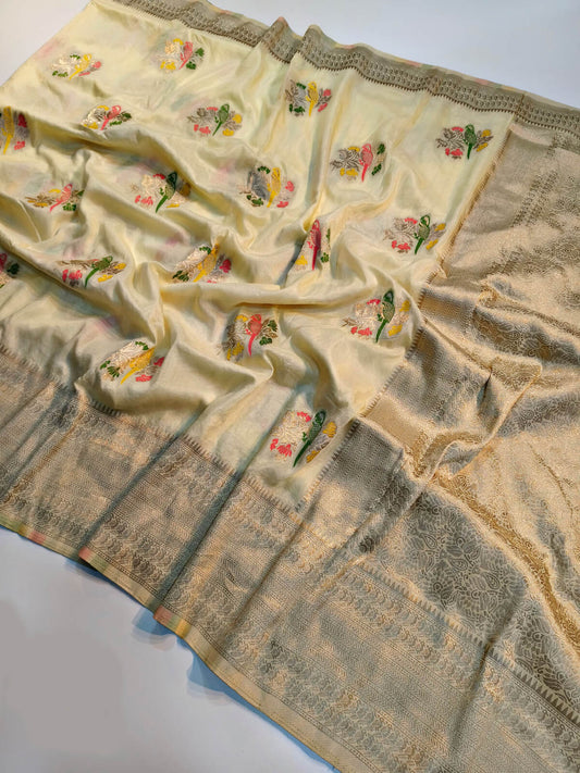 Refreshing Beige Banarasi Dola Silk Saree With Breathtaking Blouse Piece