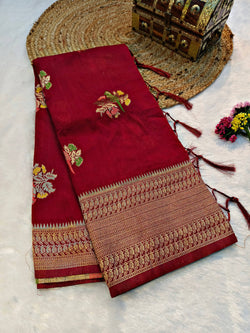 Beguiling Maroon Banarasi Dola Silk Saree With Devastating Blouse Piece