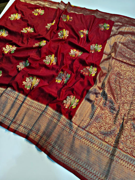 Beguiling Maroon Banarasi Dola Silk Saree With Devastating Blouse Piece