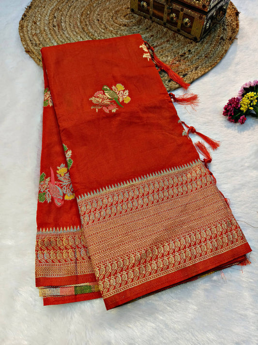 Gratifying Orange Banarasi Dola Silk Saree With Adoring Blouse Piece