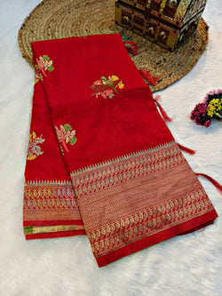 Panoply Red Banarasi Dola Silk Saree With Snazzy Blouse Piece