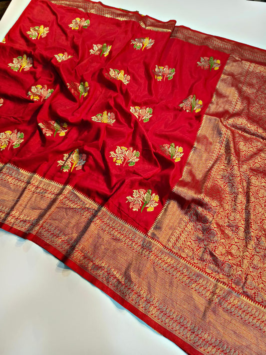 Panoply Red Banarasi Dola Silk Saree With Snazzy Blouse Piece