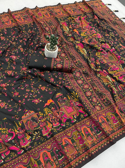 Trendy Black Pashmina Silk Saree With Beleaguer Blouse Piece