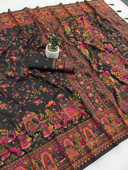 Trendy Black Pashmina Silk Saree With Beleaguer Blouse Piece