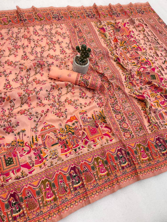 Cynosure Peach Pashmina Silk Saree With Enthralling Blouse Piece