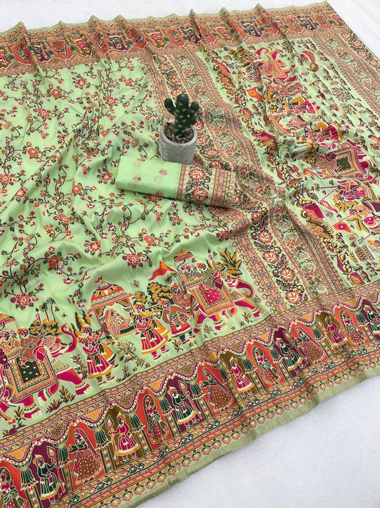 Conflate Pista Pashmina Silk Saree With Panache Blouse Piece