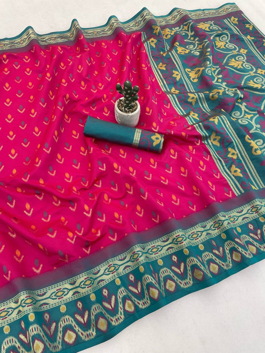 Enchanting Dark Pink Banarasi Ikkat Silk Saree With Prodigal Blouse Piece