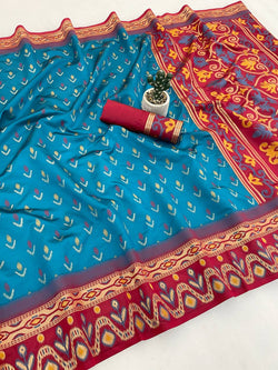 Zephyr Firozi Banarasi Ikkat Silk Saree With Traditional Blouse Piece