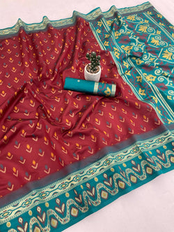 Elaborate Maroon Banarasi Ikkat Silk Saree With Adorable Blouse Piece