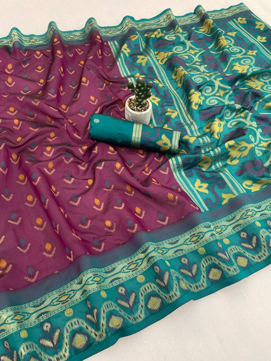Phenomenal Wine Banarasi Ikkat Silk Saree With Proficient Blouse Piece