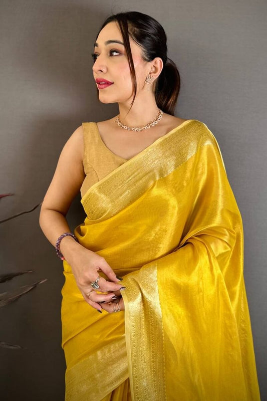 Improbable Golden Banarasi Tissue Silk Saree With Enigmatic Blouse Piece