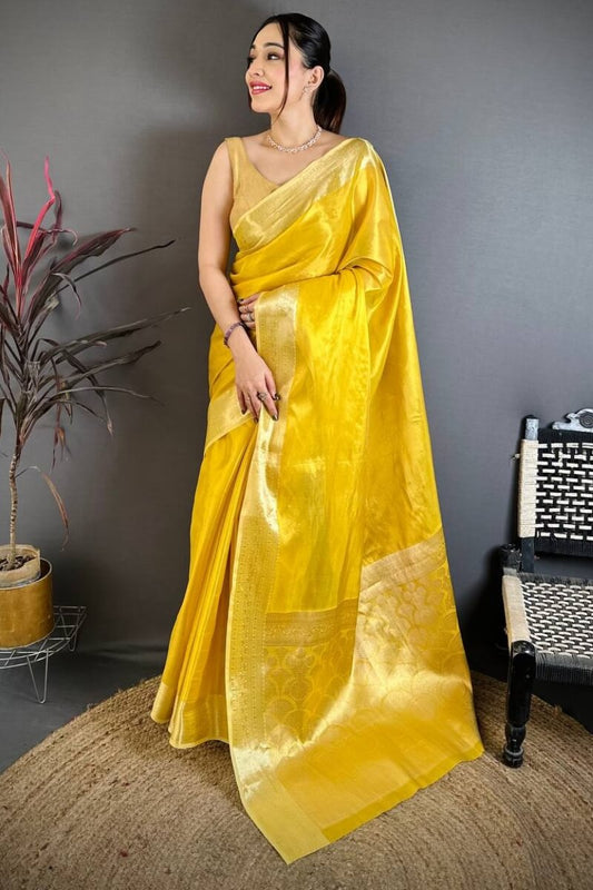 Improbable Golden Banarasi Tissue Silk Saree With Enigmatic Blouse Piece