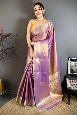 Vibrant Lavender Banarasi Tissue Silk Saree With Demanding Blouse Piece