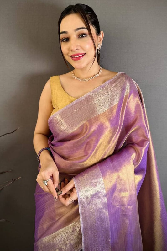 Vibrant Lavender Banarasi Tissue Silk Saree With Demanding Blouse Piece