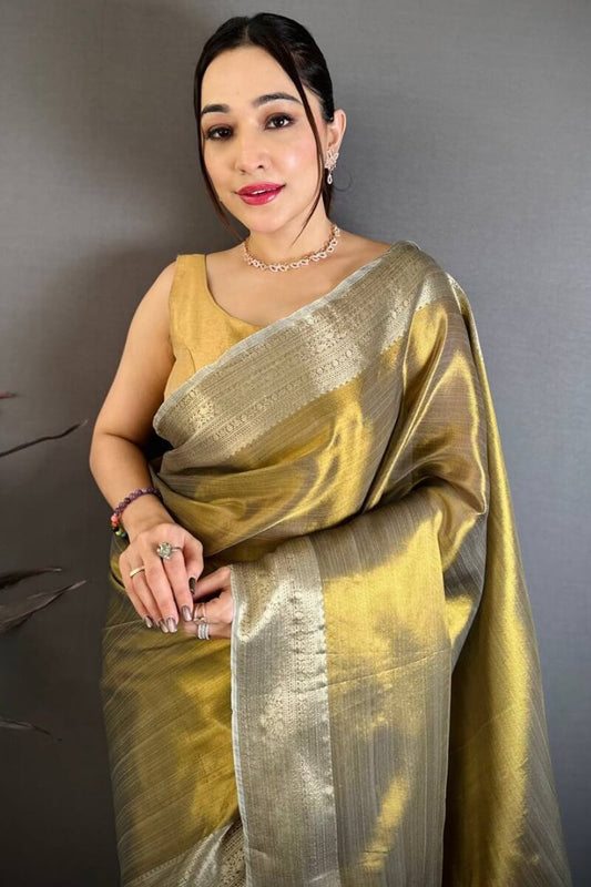 Sophisticated Mehndi Banarasi Tissue Silk Saree With Impressive Blouse Piece