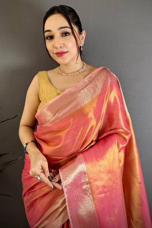 Lissome Peach Banarasi Tissue Silk Saree With Prominent Blouse Piece