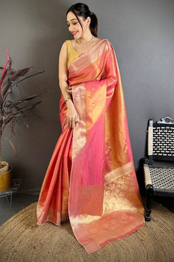 Lissome Peach Banarasi Tissue Silk Saree With Prominent Blouse Piece