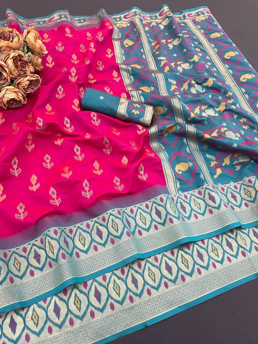 Artistic Dark Pink Banarasi Ikkat Silk Saree With Comely Blouse Piece