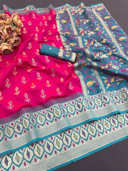 Artistic Dark Pink Banarasi Ikkat Silk Saree With Comely Blouse Piece