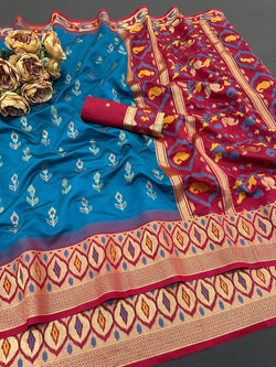 Outstanding Firozi Banarasi Ikkat Silk Saree With Ravishing Blouse Piece