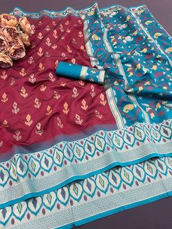 Pulsating Maroon Banarasi Ikkat Silk Saree With Classic Blouse Piece