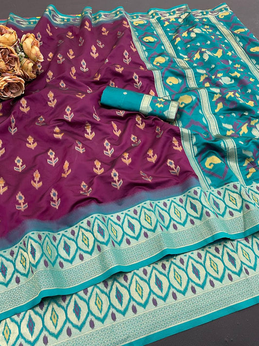 Mellifluous Purple Banarasi Ikkat Silk Saree With Smart Blouse Piece