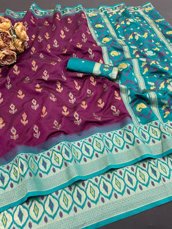 Mellifluous Purple Banarasi Ikkat Silk Saree With Smart Blouse Piece