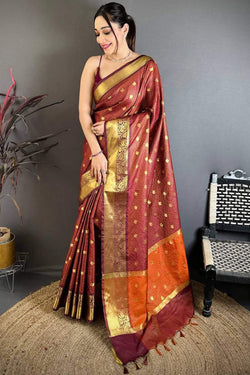 Denouement Brown Banarasi Tissue Silk Saree With Ornate Blouse Piece