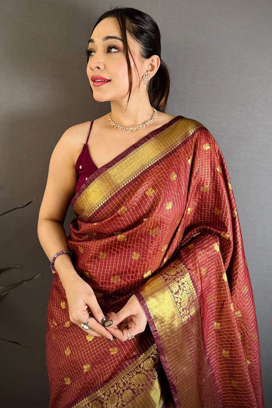 Denouement Brown Banarasi Tissue Silk Saree With Ornate Blouse Piece