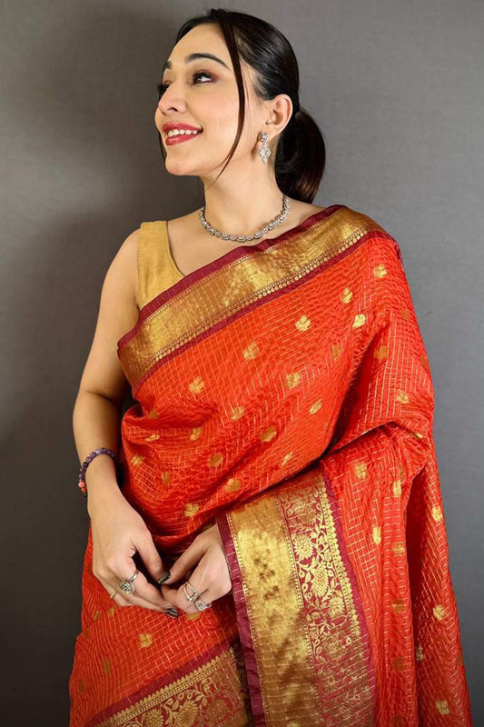 Aplomb Dark Orange Banarasi Tissue Silk Saree With Ebullience Blouse Piece