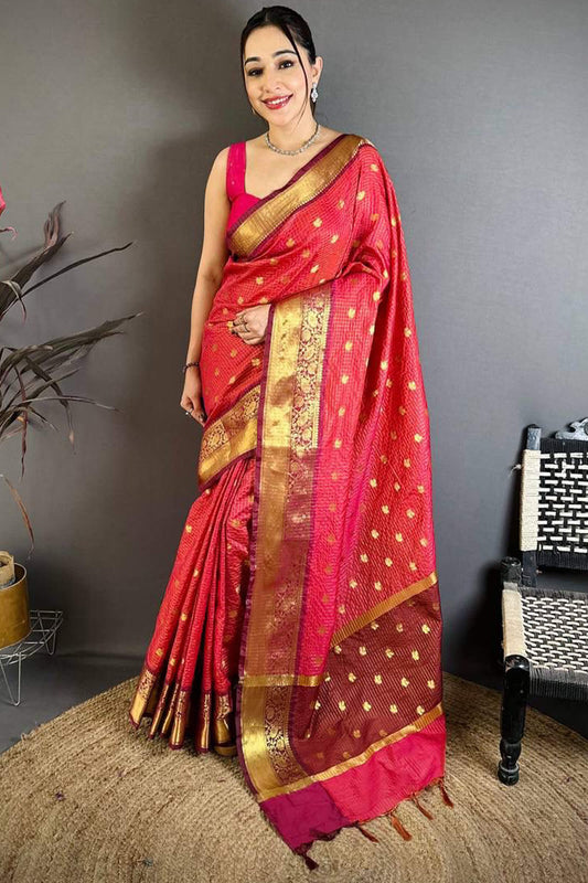 Seraphic Dark Pink Banarasi Tissue Silk Saree With Snappy Blouse Piece