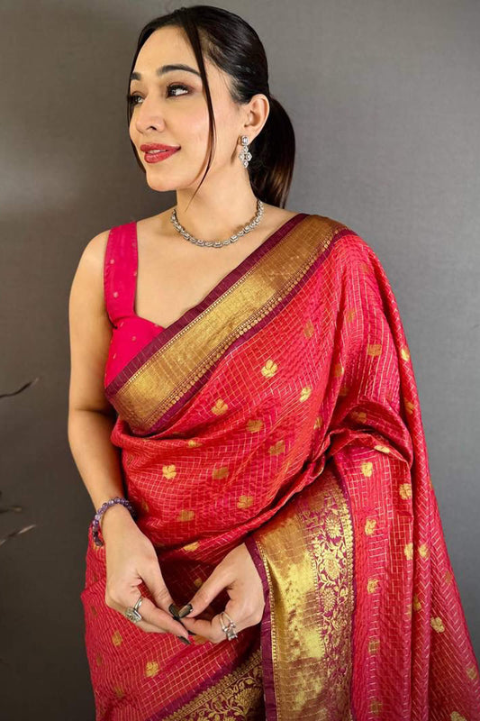Seraphic Dark Pink Banarasi Tissue Silk Saree With Snappy Blouse Piece
