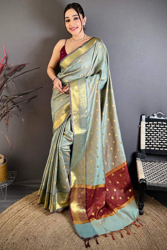 Incomparable Grey Banarasi Tissue Silk Saree With Felicitous Blouse Piece