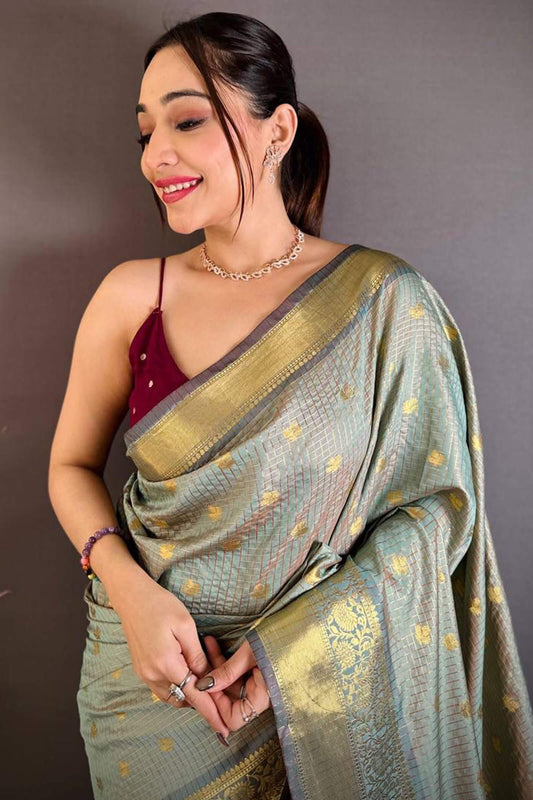 Incomparable Grey Banarasi Tissue Silk Saree With Felicitous Blouse Piece