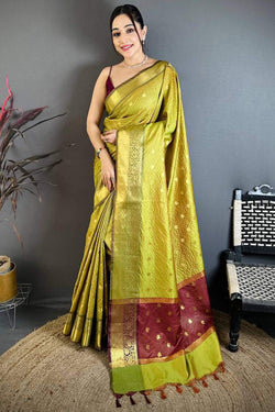 Girlish Mehndi Banarasi Tissue Silk Saree With Bucolic Blouse Piece