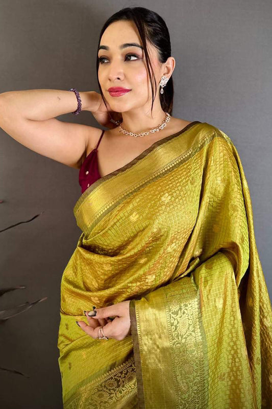 Girlish Mehndi Banarasi Tissue Silk Saree With Bucolic Blouse Piece