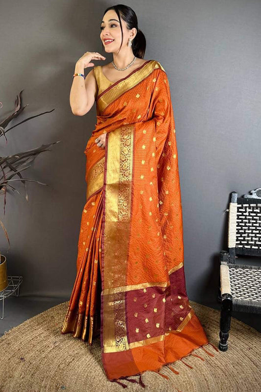 Desuetude Orange Banarasi Tissue Silk Saree With Rhapsody Blouse Piece