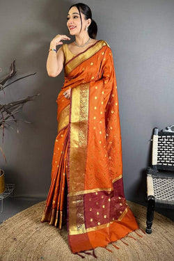 Desuetude Orange Banarasi Tissue Silk Saree With Rhapsody Blouse Piece