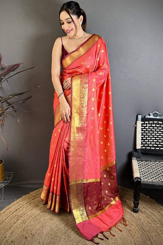 Posh Pink Banarasi Tissue Silk Saree With Skinny Blouse Piece