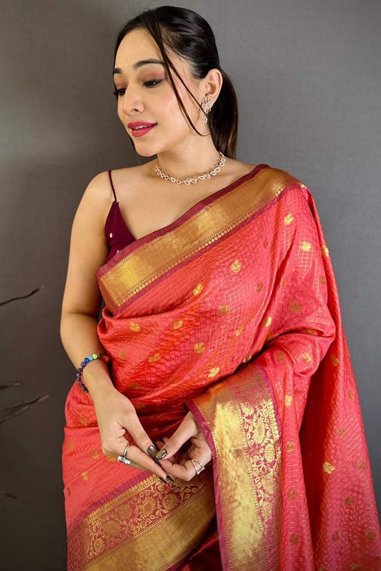Posh Pink Banarasi Tissue Silk Saree With Skinny Blouse Piece