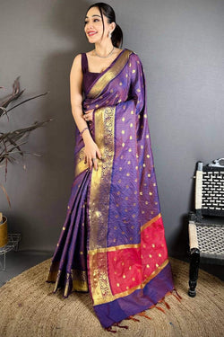 Dazzling Purple Banarasi Tissue Silk Saree With Amazing Blouse Piece